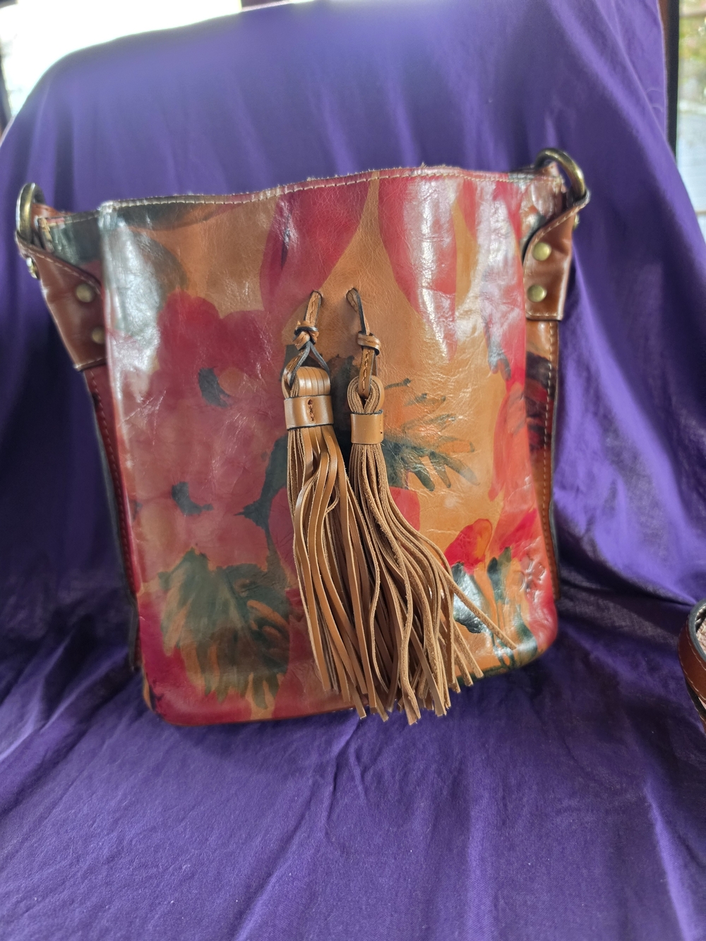 Patricia Nash Red Multi Floral Leather Tassel Bucket Crossbody